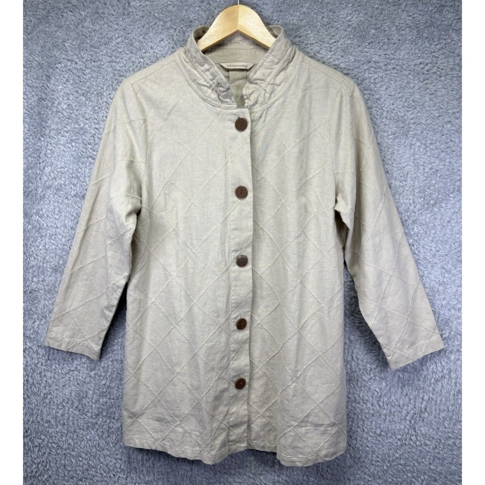 Soft Surroundings Womens M Linen Blend Embroidered Button Up Top Beige Lagenlook